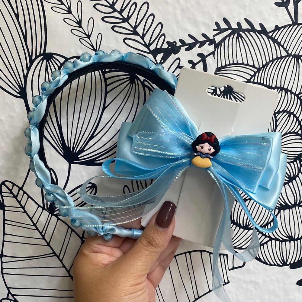Hand Crafted Blue Snow White Headband and Bow Set